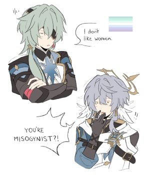 Rule 34 | !, !!, 2boys, 4halovian, anaxa (honkai: star rail), belt, black gloves, black jacket, black shirt, blue jacket, blush, buttons, commentary, crossed arms, earrings, english commentary, english text, eyepatch, feathered wings, gay male pride flag, gloves, gold earrings, greco-roman clothes, grey hair, hair ornament, half-closed eye, halo, halo behind head, hand up, head wings, highres, honkai: star rail, honkai (series), implied yaoi, jacket, jewelry, lapels, long hair, long sleeves, looking at another, low ponytail, male focus, multicolored jacket, multiple boys, multiple rings, open clothes, open jacket, open mouth, piercing, ponytail, purple eyes, ring, shirt, short hair, sidelocks, simple background, speech bubble, sunday (honkai: star rail), surprised, two-tone jacket, upper body, white background, white jacket, white shirt, wing piercing, wings, yellow eyes