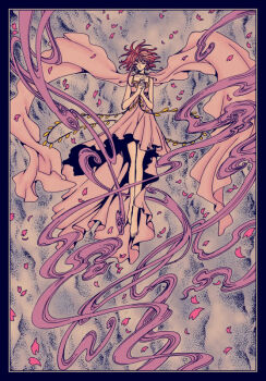 1girl barefoot brown_hair cherry_blossoms clamp closed_eyes dress female_focus floating_hair sakura_hime solo tsubasa_chronicle wind