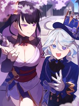 1boy 3girls aether_(genshin_impact) ahoge blonde_hair blue_eyes blue_hair blue_hat blue_jacket blunt_bangs blurry braid breasts cherry_blossoms cleavage closed_mouth clothing_cutout collared_jacket commentary_request couple depth_of_field flat_chest floating friends from_above furina_(genshin_impact) genshin_impact gloves gradient_hair hair_between_eyes hair_ornament hand_up hanyohanyo happy hat heterochromia highres holding huge_ahoge huge_breasts jacket japanese_clothes kimono light_smile long_braid long_hair long_sleeves looking_down looking_to_the_side looking_up mole mole_under_eye multicolored_eyes multicolored_hair multiple_girls neck_ribbon off_shoulder open_mouth outdoors paimon_(genshin_impact) pink_lips purple_eyes purple_hair purple_kimono raiden_shogun red_ribbon red_sash ribbon sash shade shorts shoulder_cutout sidewalk single_braid smile standing streaked_hair suit_jacket symbol-shaped_pupils thighs top_hat tree wavy_hair white_gloves white_hair yuri