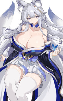 1girl animal_ear_fluff animal_ears azur_lane bare_shoulders blue_kimono breasts bug butterfly cleavage commentary_request fox_ears fox_girl fox_tail hair_ornament highres huge_breasts insect japanese_clothes kesseil kimono kitsune large_breasts long_hair looking_at_viewer shinano_(azur_lane) sitting skirt solo tail thighhighs thighs very_long_hair white_hair white_thighhighs