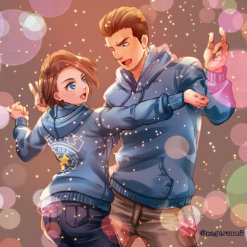 Rule 34 | 1boy, 1girl, artist name, black hair, blue eyes, blue hoodie, blue pants, brown hair, chris redfield, denim, grey background, hood, hoodie, jeans, jill valentine, nagare, one eye closed, open mouth, pants, resident evil, smile