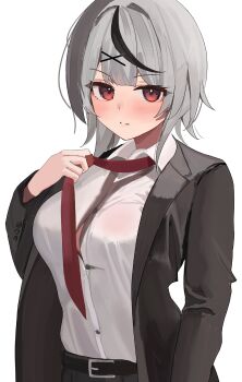1girl absurdres adjusting_clothes adjusting_necktie alternate_costume belt black_belt black_hair black_jacket black_pants blush breasts button_gap closed_mouth collared_shirt commentary formal_clothes grey_hair hair_ornament highres hololive jacket large_breasts long_sleeves looking_at_viewer medium_hair multicolored_hair necktie open_clothes open_jacket pants red_eyes red_necktie sakamata_chloe sasasa11070 shirt short_hair simple_background solo streaked_hair suit upper_body virtual_youtuber white_background white_shirt x_hair_ornament