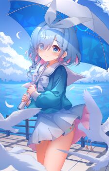 1girl absurdres arona_(blue_archive) bird blue_archive blue_eyes blue_hair blue_shirt blue_skirt blush bow braid chinese_commentary closed_mouth colored_inner_hair commentary_request connexion cowboy_shot day hair_between_eyes hairband highres holding holding_umbrella light_smile long_sleeves looking_at_viewer medium_hair multicolored_hair outdoors pink_hair pink_skirt sailor_collar shirt skirt solo standing two-tone_skirt umbrella water white_bird white_bow white_hairband white_sailor_collar wind wind_lift