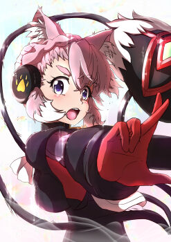 animal_ear_fluff animal_ears black_collar blue_eyes braid collar earmuffs elsa_(symphogear) gloves hair_between_eyes highres looking_at_viewer multicolored_hair open_mouth paw_print pink_hair prehensile_tail red_gloves senki_zesshou_symphogear simple_background syumashi tail two-tone_hair white_background white_hair wolf_ears