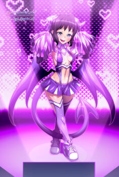 1girl armpits black_hair blue_eyes cheerleader commission covered_erect_nipples demon_girl demon_horns demon_tail demon_wings fang full_body groin heart horns kohinata_miku large_tail leotard looking_at_viewer medium_hair naughty_face navel pom_pom_(cheerleading) pubic_tattoo purple_leotard purple_shoes purple_thighhighs senki_zesshou_symphogear shoes signature skirt sneakers solo spotlight stage stage_lights stomach tail tattoo thighhighs uganda_(ugandam_00) wings
