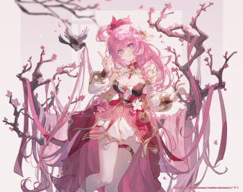 1girl absurdres bell branch breasts cherry_blossoms cleavage commentary commission dated_commentary diamond-shaped_pupils diamond_(shape) dress elysia_(herrscher_of_human:_ego)_(honkai_impact) elysia_(honkai_impact) elysia_(peachy_spring)_(honkai_impact) flower hair_bell hair_flower hair_ornament highres honkai_(series) honkai_impact_3rd large_breasts lixiang_guo_alice long_hair looking_at_viewer official_alternate_costume pink_hair purple_eyes red_dress smile solo symbol-shaped_pupils thigh_strap thighs very_long_hair