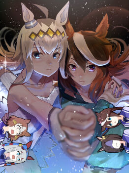 2016_umamusume_promotional_video 6+girls absurdres air_groove_(umamusume) animal_ears arm_around_shoulder arm_around_waist belno_light_(umamusume) blue_eyes blue_hairband blush bow breasts brown_hair closed_mouth collarbone commentary_request dress ear_bow ear_covers ear_ornament figure_skating figure_skating_dress green_dress grey_hair hair_between_eyes hair_ornament hairband headband highres holding_hands horse_ears horse_girl ice_skating jewelry letter_hair_ornament long_hair long_sleeves looking_at_viewer multicolored_hair multiple_girls necklace no_uwazumi off-shoulder_dress off_shoulder oguri_cap_(umamusume) open_mouth ponytail purple_eyes purple_sailor_collar purple_shirt red_headband sailor_collar sailor_shirt school_uniform shaded_face shirt short_hair skating sleeveless sleeveless_dress snowflakes star_(symbol) star_necklace streaked_hair striped_clothes striped_hairband symboli_rudolf_(umamusume) tamamo_cross_(umamusume) tokai_teio_(umamusume) tracen_school_uniform two-tone_hair umamusume umamusume:_cinderella_gray very_long_hair white_dress white_hair yellow_bow yuri