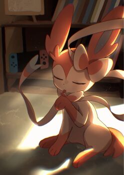:p animal_focus blush bookshelf bow closed_eyes commentary_request full_body gen_6_pokemon highres licking_paw nintendo nintendo_switch no_humans pink_fur pokemon pokemon_(creature) pokemon_focus sato_(i_cant_do_it) sitting solo sylveon tongue tongue_out two-tone_fur white_fur