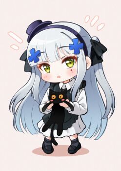 1girl animal apron black_apron black_bow black_cat black_shoes black_socks blush bow cat chibi chibi_only collared_dress commentary dress frilled_apron frills full_body girls&#039;_frontline green_eyes hair_bow hair_ornament hairband hat hk416_(black_kitty&#039;s_gift)_(girls&#039;_frontline) hk416_(girls&#039;_frontline) holding holding_animal holding_cat jiwon_(sj1) long_hair long_sidelocks long_sleeves looking_at_viewer mini_hat official_alternate_costume open_mouth purple_hairband shadow shoes sidelocks simple_background socks solo tattoo teardrop_tattoo tilted_headwear top_hat two_side_up very_long_hair white_dress white_hair