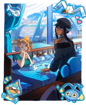 Rule 34 | 2girls, black hat, border, chewtle, chinchou, commentary request, cup, day, drinking glass, earrings, eyelashes, gen 2 pokemon, gen 3 pokemon, gen 7 pokemon, gen 8 pokemon, green shirt, grin, hat, heart, highres, hoop earrings, indoors, jewelry, multiple girls, nessa (pokemon), nintendo, off-shoulder shirt, off shoulder, one eye closed, plate, pokemon, pokemon: twilight wings, pokemon (creature), pokemon swsh, restaurant, ribbed shirt, seirorath, shirt, short sleeves, sidelocks, single sidelock, smile, sonia (pokemon), table, teeth, white border, window, wine glass, wingull, wishiwashi