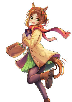 1girl absurdres animal_ears bag black_pantyhose blush boots brown_boots brown_coat brown_hair clover_hair_ornament coat fine_motion_(umamusume) green_eyes green_skirt hair_between_eyes hair_bun hair_ornament highres holding horse_ears horse_girl horse_tail ikaashi_you long_sleeves looking_at_viewer multicolored_hair open_mouth pantyhose red_scarf scarf shirt shopping_bag simple_background skirt smile solo tail umamusume white_background white_hair