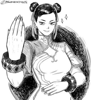 1girl bracelet breasts capcom china_dress chinese_clothes chun-li cleavage cleavage_cutout clothing_cutout commentary double_bun dress eyeliner fighting_stance hair_bun hair_ribbon highres jewelry kung_fu lips makeup medium_breasts ribbon seveninks smile solo sparkle street_fighter street_fighter_6 twitter_username