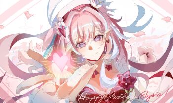 1girl beret breasts commentary_request dress earrings elf elysia_(hi_love_elf)_(honkai_impact) elysia_(honkai_impact) falling_petals fiasco_2 happy_birthday hat heart heart_earrings highres honkai_(series) honkai_impact_3rd jewelry large_breasts long_hair multicolored_hair petals pink_hair pointy_ears purple_eyes red_dress smile solo two-tone_hair very_long_hair white_hair