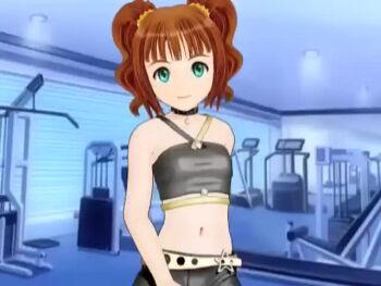 00s 1girl 3d animated animated_gif aqua_eyes blinking brown_hair child collar female_focus green_eyes gym halterneck happy hybrid_animation idolmaster idolmaster_(classic) indoors leather longer_than_5_minutes looking_at_viewer lowres machine midriff music navel open_mouth pac-man_(game) ridge_racer ridge_racer_6 riding riding_machine sexually_suggestive short_hair smile solo solo_focus tagme takatsuki_yayoi twintails video