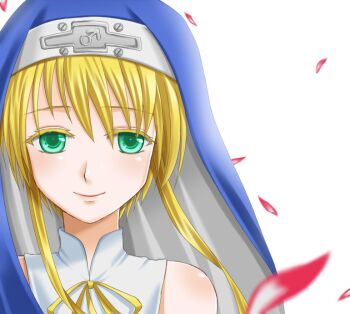 Rule 34 | 1boy, artist request, bare shoulders, blonde hair, bloom, blue veil, blurry, blurry foreground, bridget (guilty gear), closed mouth, colored eyelashes, falling petals, floating clothes, floating hair, green eyes, guilty gear, guilty gear xx, guimpe, hair between eyes, long sidelocks, male focus, mars symbol, neck ribbon, nun, petals, pink petals, portrait, ribbon, short hair, sidelocks, simple background, smile, solo, straight-on, trap, two-sided veil, veil, white background, yellow ribbon