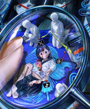 1girl 3others absurdres blood blue_wings bluesky butterfly_wings commentary fingerprint flattened highres horror_(theme) ikuta41 insect_wings instagram logo magnifying_glass multiple_others original paperclip school_uniform sd_card serafuku surreal symbol-only_commentary threads_(website) tiktok twitter wings