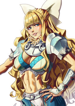 1girl abs absurdres armor bikini_armor blonde_hair bow breasts charlotte_(fire_emblem) cleavage fire_emblem fire_emblem_fates highres large_breasts nintendo pauldrons shoko_(pixiv_74769700) shoulder_armor wavy_hair white_bow
