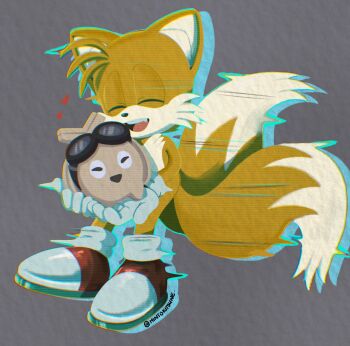 2022 animal_ears carrying child closed_eyes cybernetic fang fox fox_boy fox_ears fox_tail gloves goggles goggles_on_head heart highres koco_(sonic) multiple_tails pepamintopatty_(artist) sega shoes smile socks sonic_(series) sonic_frontiers static tail tails_(sonic) two_tails