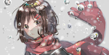 black_serafuku blurry blurry_background brown_eyes brown_hair expressionless hair_between_eyes hair_ornament hairpin highres kagerou_project katakura_anna light mekakucity_actors painting_(medium) red_scarf sailor_collar scarf school_uniform serafuku shine tateyama_ayano traditional_media water_drop watercolor_(medium)