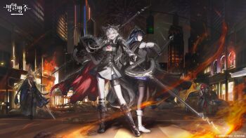 4girls absurdres aerial_fireworks animal_ears arknights black_boots black_cape black_coat black_gloves black_pantyhose black_skirt black_vest blonde_hair blue_eyes blue_hair boots building burning burning_building cape car closed_mouth coat coat_on_shoulders commentary commentary_request copyright_name copyright_notice crosswalk crownslayer_(arknights) denim dual_wielding embers english_commentary facial_scar fire fireworks glint gloves grey_hair grey_pants hair_between_eyes hand_in_pocket high-waist_skirt highres holding holding_sword holding_weapon jeans keto_cactus knee_boots korean_commentary lappland_(arknights) lappland_the_decadenza_(arknights) leaning light_particles long_hair long_skirt long_sleeves looking_at_viewer magic material_growth mixed-language_commentary motor_vehicle multiple_girls necktie night official_art open_clothes open_coat open_mouth orange_eyes oripathy_lesion_(arknights) outdoors pants pantyhose pink_eyes pink_hair pleated_skirt pouch profile pyrokinesis red_cape red_hair red_necktie road rubble scar scar_on_cheek scar_on_face shirt short_hair skirt smile standing sword tail texas_(arknights) texas_the_omertosa_(arknights) thigh_pouch traffic_light vest vulpisfoglia_(arknights) weapon white_boots white_shirt wolf_ears wolf_girl wolf_tail