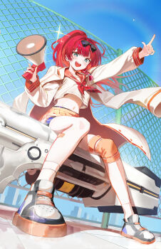 1girl absurdres bandaid bandaid_on_leg black_survival blue_eyes bow cannon chain-link_fence coat coat_on_shoulders commentary crop_top crop_top_overhang eternal_return:_black_survival fence from_below hair_bow highres holding holding_megaphone justyna_(black_survival) justyna_(prefect)_(black_survival) knee_pads korean_commentary long_hair long_sleeves looking_at_viewer megaphone mia_(39565899) midriff miniskirt navel neckerchief official_alternate_costume open_mouth orange_skirt outstretched_arm pleated_skirt ponytail red_hair red_neckerchief red_sailor_collar sailor_collar school_uniform serafuku shirt shoes single_knee_pad sitting sitting_on_weapon skirt smile socks solo sparkling_eyes stomach white_coat white_shirt white_socks