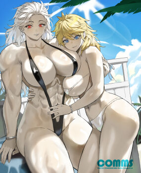 2girls abs absurdres artist_name beach biceps bikini black_bikini blonde_hair blue_eyes blue_sky bracelet breasts cloud commentary commission cross cross_earrings cuddling day deltoids dorohedoro earrings english_commentary highres hug inverted_cross inverted_cross_earrings jewelry large_breasts looking_at_viewer multiple_girls muscular muscular_female navel nikaidou_(dorohedoro) noi_(dorohedoro) outdoors palm_tree park_ongjol red_eyes sand size_difference sky slingshot_swimsuit sun swimsuit tall_female tree triceps white_bikini white_hair yuri