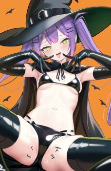 1girl absurdres alternate_costume armpits bikini black_bikini black_gloves black_hat black_thighhighs body_writing breasts cameltoe center-flap_bangs demon_girl double-parted_bangs earrings elbow_gloves gloves gradient_hair green_eyes hair_ornament hairclip hat heart heart-shaped_pupils highres hololive jewelry knees_out_of_frame latex latex_bikini latex_gloves latex_thighhighs long_hair looking_at_viewer multicolored_hair navel nekonosuke open_mouth orange_background paid_reward_available parallel_hairclips partially_visible_vulva pink_hair pointy_ears purple_hair simple_background small_breasts solo spread_legs squatting stomach straight-on swimsuit symbol-shaped_pupils tally thighhighs tokoyami_towa tongue tongue_out twintails variant_set virtual_youtuber witch_hat