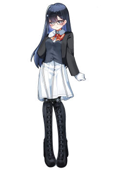 1girl absurdres black_bodysuit black_boots black_hair black_jacket bodysuit bodysuit_under_clothes boots chain commission dhy-232 full_body glasses gloves grey_shirt high_heel_boots high_heels highres jacket latex latex_bodysuit long_hair original pigeon-toed second-party_source shirt skirt solo standing stealth_bondage white_background white_gloves white_skirt