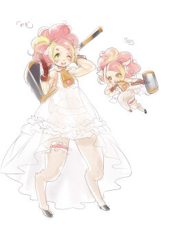 Rule 34 | 1girl, animal ears, bell, big hair, chibi, cowbell, dual persona, female focus, gloves, goat ears, goat girl, green eyes, hooves, mallet, monster girl, muscular, naso4, one eye closed, original, over shoulder, pink hair, see-through clothes, short hair, showgirl skirt, solo, thigh strap, translation request, weapon, weapon over shoulder, wink