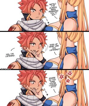 1boy 1girl assertive_female astral_fairy blonde_hair blush breasts cleavage cleavage_cutout clothing_cutout commentary couple english_text fairy_tail fairy_tail_logo highres large_breasts lucy_heartfilia messy_hair natsu_dragneel pink_hair ponytail scarf shoulder_tattoo spiked_hair symbol-only_commentary tattoo white_scarf