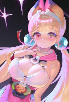 1girl :3 alice_thymefield alice_thymefield_(sea_of_thyme) animal_ear_fluff animal_ears bare_shoulders blonde_hair blush bracelet breasts choker cleavage closed_mouth commentary dark_background english_commentary hair_ornament hairband heterochromia highres jewelry large_breasts long_hair looking_at_viewer low_twintails mae_algae official_alternate_costume one-piece_swimsuit rabbit_ears rabbit_girl red_eyes solo sparkle sphere_hair_ornament swimsuit twintails upper_body white_choker white_hairband white_one-piece_swimsuit yellow_eyes zenless_zone_zero