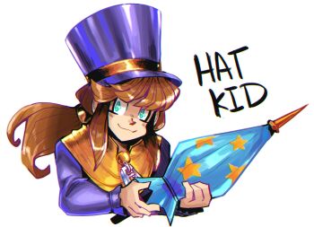 1girl a_hat_in_time aqua_eyes blue_umbrella brown_hair cape character_name closed_mouth closed_umbrella coat commentary cropped_torso crosshatching english_commentary firebay gold_ribbon hair_tie hat hat_kid hat_ribbon hatching_(texture) highres holding holding_umbrella long_hair long_sleeves ponytail purple_coat purple_hat ribbon sidelocks simple_background smile solo star_(symbol) top_hat umbrella white_background yellow_cape zipper_pull_tab