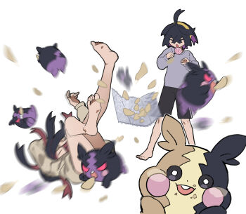 1boy 1girl alternate_costume barefoot black_hair black_shorts candy carmine_(pokemon) censored character_censor chips_(food) closed_eyes crossed_bangs food food_on_face gen_8_pokemon hair_between_eyes hairband highres holding holding_candy holding_food holding_lollipop iruzu_(pixiv27236115) kieran_(pokemon) lollipop long_hair long_sleeves morpeko morpeko_(full) morpeko_(hangry) multicolored_hair nintendo novelty_censor pokemon pokemon_(creature) pokemon_sv potato_chips purple_hair red_hair shorts simple_background sitting standing sweater teeth twitter_username white_background yellow_hairband