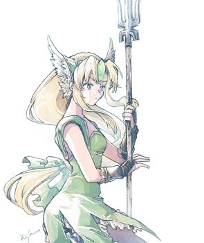 1girl armor artist_name black_gloves blue_eyes breasts bridal_gauntlets cowboy_shot dress fighting_stance forehead_jewel gem gloves gold_trim green_dress green_gemstone green_ribbon hair_ribbon helmet holding holding_polearm holding_weapon long_hair low-tied_long_hair medium_breasts michibata_65 parted_bangs polearm ribbon riesz seiken_densetsu seiken_densetsu_3 short_dress shoulder_armor sidelocks solo weapon white_background winged_helmet