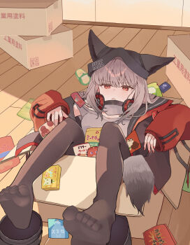 1girl absurdres animal_ears annotation_request arknights bag_of_chips beanie black_hat black_jacket black_pantyhose blush boots box breasts calbee_(potato_chips) candy cardboard_box clothes_writing commentary_request ears_through_headwear extra_ears food food_wrapper fox_ears fox_girl fox_tail frostleaf_(arknights) grey_hair grey_shirt hat headphones headphones_around_neck highres in_box in_container indoors jacket jagarico long_sleeves looking_at_viewer material_growth open_clothes open_jacket open_mouth oripathy_lesion_(arknights) pantyhose partially_annotated red_eyes red_nails red_sleeves shirt small_breasts snack solo suzubotan tail translation_request triangle_mouth unworn_boots wooden_floor