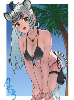 1girl ahoge animal_ear_fluff animal_ears backlighting bent_over bikini black_bikini black_hair blush border bottle breasts breasts_squeezed_together brown_eyes extra_ears feet_out_of_frame grevy&#039;s_zebra_(kemono_friends) hands_on_own_knees highres jewelry kemono_friends kyonin_dofu large_breasts long_hair looking_at_viewer multicolored_hair open_mouth outside_border outstretched_arms palm_tree pendant side-tie_bikini_bottom sidelocks solo standing sweat swimsuit tail thigh_strap tree two-tone_hair white_border white_hair zebra_ears zebra_girl zebra_tail