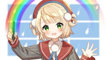 Rule 34 | 1girl, :d, black jacket, blonde hair, blue ribbon, blunt bangs, blush, commentary request, green eyes, hair ornament, hand up, hat, holding, holding stylus, indie virtual youtuber, jacket, long sleeves, looking at viewer, neck ribbon, open mouth, pinstripe jacket, pinstripe pattern, pom pom (clothes), pom pom hair ornament, portrait, rainbow, red hat, red sailor collar, ribbon, sailor collar, shigure ui (vtuber), shigure ui (1st costume) (vtuber), short hair, shuu (syuuuuuuuuuu), smile, solo, stylus, virtual youtuber