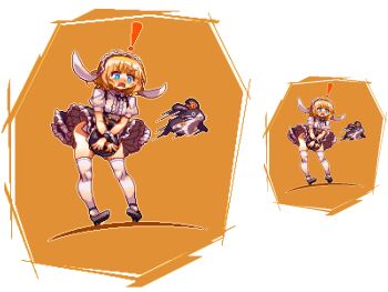 Rule 34 | !, 1girl, animal ears, black ribbon, black shoes, blonde hair, blouse, blue eyes, blush, commentary request, crown, fake animal ears, fleur de lapin uniform, floppy ears, frilled shirt, frills, gochuumon wa usagi desu ka?, holding, holding tray, kirima syaro, maid, maid headdress, migel futoshi, motion lines, neck ribbon, nose blush, open mouth, pixel art, puffy short sleeves, puffy sleeves, rabbit, rabbit ears, ribbon, shirt, shoes, short hair, short sleeves, simple background, skirt, skirt tug, standing, tears, thighhighs, tray, white background, white shirt, white thighhighs, wrist cuffs