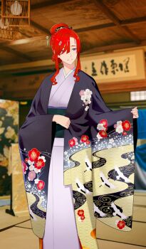 1girl animal_print bird_print commentary_request fate/grand_order fate_(series) feet_out_of_frame floral_print game_cg green_sash hair_bun hair_ornament hair_over_one_eye indoors japanese_clothes kimono layered_kimono long_sidelocks long_sleeves medium_hair miss_crane_(fate) miss_crane_(over_the_same_sky)_(fate) obi official_art outstretched_arm parted_lips photo_background print_kimono purple_eyes purple_kimono red_hair sash shaka_p sidelocks solo tatami third-party_source wide_sleeves