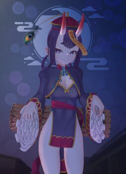 1girl breasts chinese_clothes fate/grand_order fate_(series) frilled_sleeves frills highres horns jiangshi_costume looking_at_viewer mupp oni pointy_ears purple_eyes purple_hair short_hair shuten_douji_(fate) shuten_douji_(fate/grand_order) shuten_douji_(halloween_caster)_(fate) skin-covered_horns small_breasts smile solo