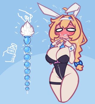 1girl anal_beads anal_tail animal_ears blonde_hair blush braid butt_plug commentary crotch_zipper english_commentary fake_tail flustered full-face_blush hair_tie highres holding_butt_plug indie_virtual_youtuber limebreaker lube necktie playboy_bunny rabbit_ears sex_toy single_braid solo tail trembling whiskey_project