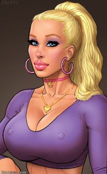 Rule 34 | 1girl, artist name, blonde hair, blue eyes, breasts, cheekbones, choker, cleavage, collar, collarbone, covered erect nipples, crop top, earrings, eyeliner, eyeshadow, forehead, grey background, hair pulled back, heart, heart necklace, hoop earrings, jewelry, john persons, large breasts, long sleeves, looking at viewer, makeup, midriff, necklace, pink choker, pink lips, ponytail, purple shirt, rouge (makeup), shirt, simple background, thick lips, upper body