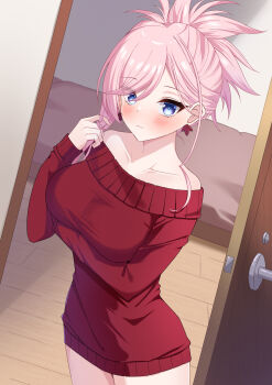 1girl absurdres alternate_costume arm_under_breasts bare_shoulders bed blue_eyes blush breasts closed_mouth collarbone commentary earrings english_commentary eyes_visible_through_hair fate/grand_order fate_(series) frown hand_up highres jewelry large_breasts long_hair looking_at_viewer maru.selinn miyamoto_musashi_(fate) miyamoto_musashi_(fgo_x_pasela_resorts)_(fate) off-shoulder_sweater off_shoulder open_door pink_hair playing_with_hair playing_with_own_hair ponytail red_sweater solo sweater thighs twirling_hair wooden_floor