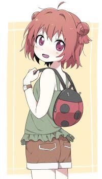 1girl :d ahoge akaza_akari alternate_costume bare_shoulders border brown_shorts child cowboy_shot double_bun from_behind green_shirt hair_bun hair_ornament highres ladybug_bag looking_at_viewer open_mouth purple_eyes red_hair shirt short_hair short_shorts shorts sleeveless sleeveless_shirt smile solo standing tennosuke_(tejons) turning_head twintails two_side_up watch white_border wristwatch yellow_background yuruyuri