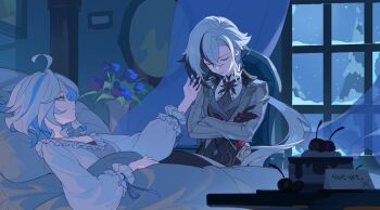 arlecchino_(genshin_impact) black_hair blue_eyes blue_hair cake cherry closed_eyes commentary crossed_arms english_commentary eyelash_ornament food frilled_sleeves frills fruit furina_(genshin_impact) genshin_impact highres looking_at_animal multicolored_hair ponytail puffy_sleeves shui_zhi_pingshi two-tone_hair under_covers white_hair