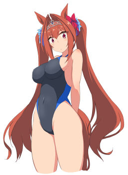 1girl animal_ears arms_behind_head bare_shoulders black_one-piece_swimsuit breasts brown_hair commentary competition_swimsuit cowboy_shot daiwa_scarlet_(umamusume) english_commentary hair_between_eyes hair_intakes highleg highleg_one-piece_swimsuit highres horse_ears horse_girl horse_tail kugui_kiyunemu large_breasts long_hair looking_at_viewer mixed-language_commentary one-piece_swimsuit red_eyes simple_background solo swimsuit tail tiara twintails two-tone_swimsuit umamusume very_long_hair white_background