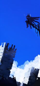 Rule 34 | 1girl, aris (armed) (blue archive), aris (blue archive), black hair, blowing bubbles, blue archive, blue halo, blue sky, bubble pipe, building, cloud, commentary request, foot dangle, from side, halo, headgear, highres, long hair, looking ahead, mecha musume, mechanical wings, official alternate costume, ruins, shibumenigai, sitting, sitting on object, sky, skyscraper, soap bubbles, solo, twintails, utility pole, very long hair, very wide shot, wide shot, wings