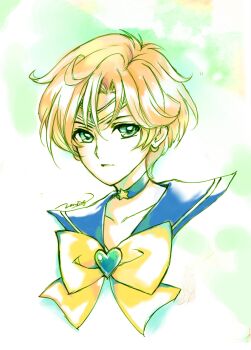 1girl absurdres bishoujo_senshi_sailor_moon blonde_hair blue_choker blue_sailor_collar bow bowtie brooch choker circlet collarbone cropped_shoulders expressionless gold_circlet green_background heart heart_brooch highres jewelry lan_sing light_particles loose_hair_strand magical_girl messy_hair sailor_collar sailor_uranus short_hair signature solo star_(symbol) star_choker super_sailor_uranus ten&#039;ou_haruka two-tone_background white_background yellow_bow yellow_bowtie