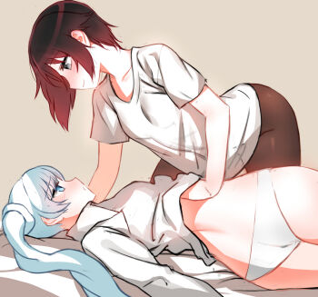 2girls absurdres ass bad_deviantart_id bad_id blue_eyes blush cowboy_shot eye_contact eyes_visible_through_hair grey_background grey_eyes hand_under_clothes hand_under_shirt highres looking_at_another multicolored_hair multiple_girls ndgd no_pants panties pantyhose ruby_rose rwby shirt side_ponytail simple_background underwear weiss_schnee white_hair white_panties yuri