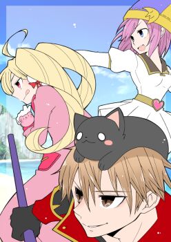 1boy 2girls :q ahoge animal animal_on_head black_cat black_gloves blonde_hair blue_sky breasts brown_eyes brown_hair cat cat_on_head closed_mouth cloud commentary_request day dress game_master_(ragnarok_online) gloves grin hair_between_eyes high_priest_(ragnarok_online) iyofika juliet_sleeves long_hair long_sleeves looking_afar medium_breasts multiple_girls on_head open_mouth outdoors pink_dress pink_hair priest_(ragnarok_online) puffy_sleeves ragnarok_online red_eyes red_shirt shirt short_hair sky smile tongue tongue_out twintails upper_body white_dress white_gloves